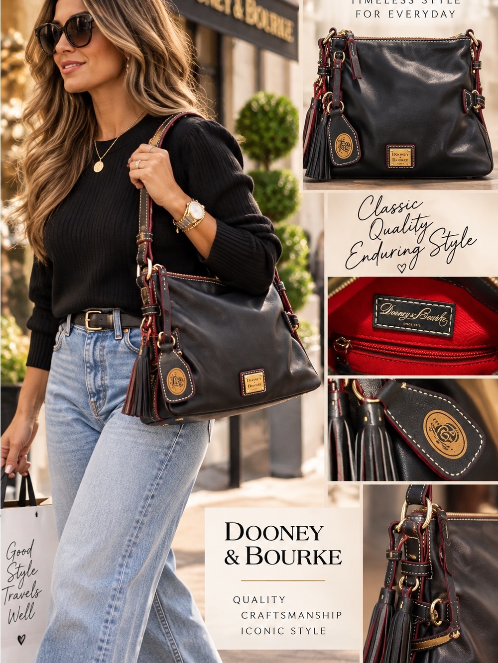 Dooney & Bourke Black Leather Shoulder Bag Coin Purse Dust Bag Tassels